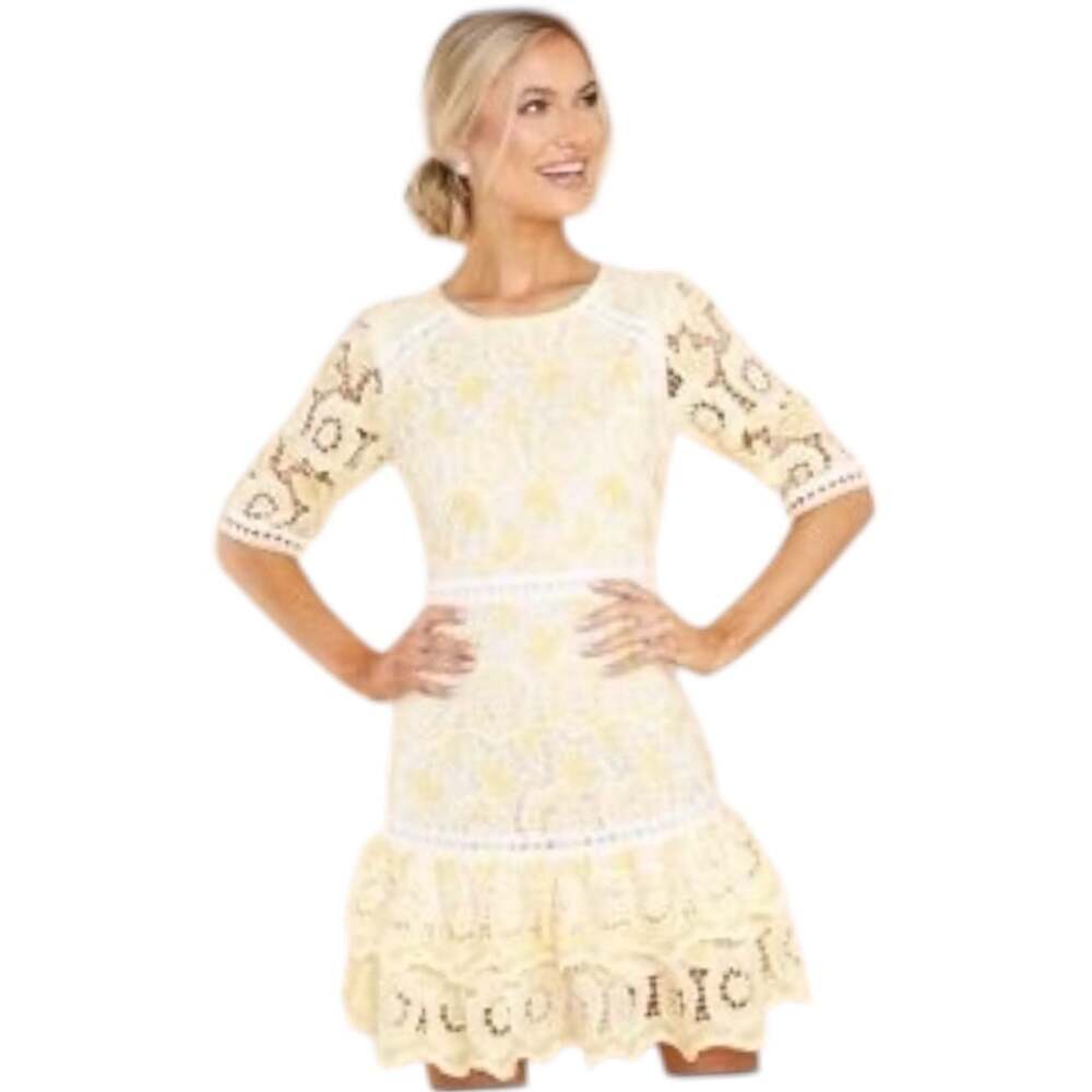 Just Me Yellow and White Floral Lace Ruffle Mini Dress Size Small